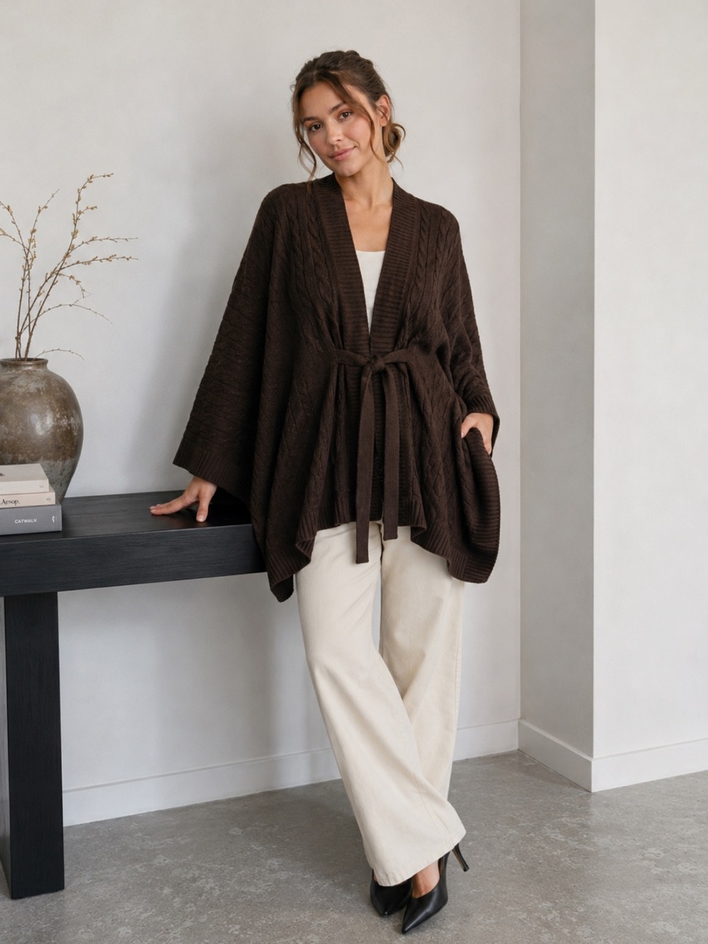 New Black Label Ralph Lauren Cable Cashmere Belted Poncho in Brown XS/S fits M